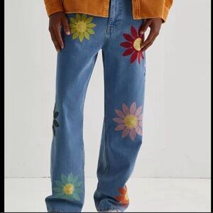 BDG Blue Jeans with Multicolor Floral Embroidery